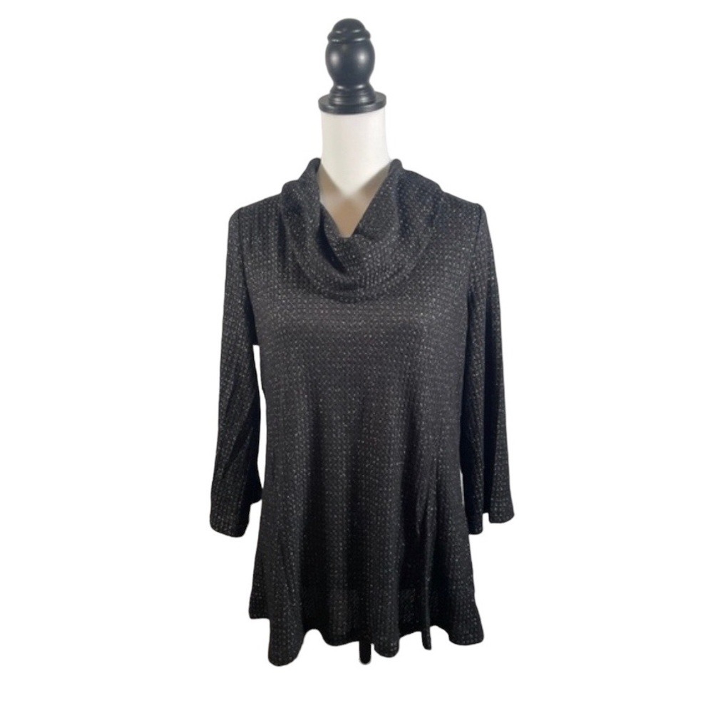 Sunday Black Silver Metallic Thread Cowlneck Waffle Knit 3/4 Sleeve Sweater M